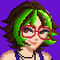 pixel art of a young femme person, a self-portrait of the artist. light skin, brown hair with green streaks, red glasses. smiling.